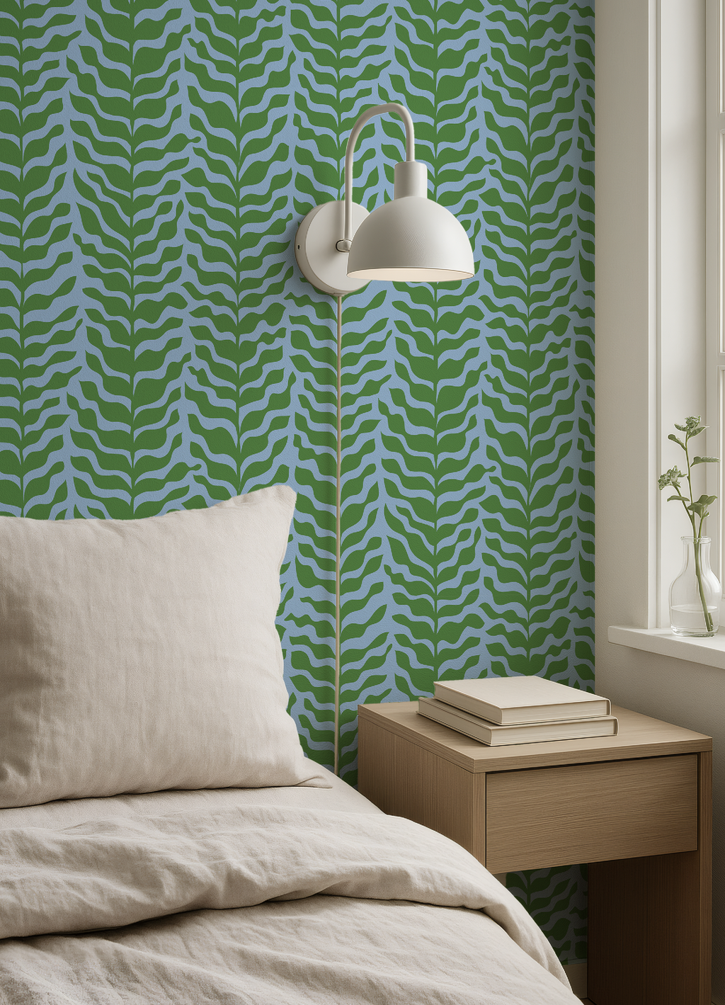 Boho Garden Green & Blue Trellis Botanical Chinoiserie Style - Wallpaper
