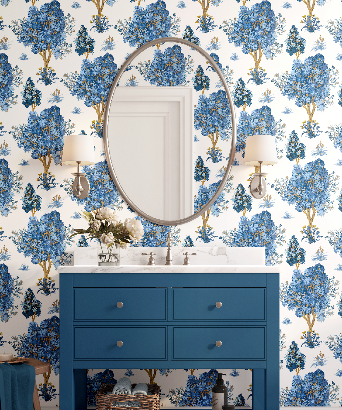 Ornamental Blue Trees in White, Chinoiserie Floral Trees - Wallpaper