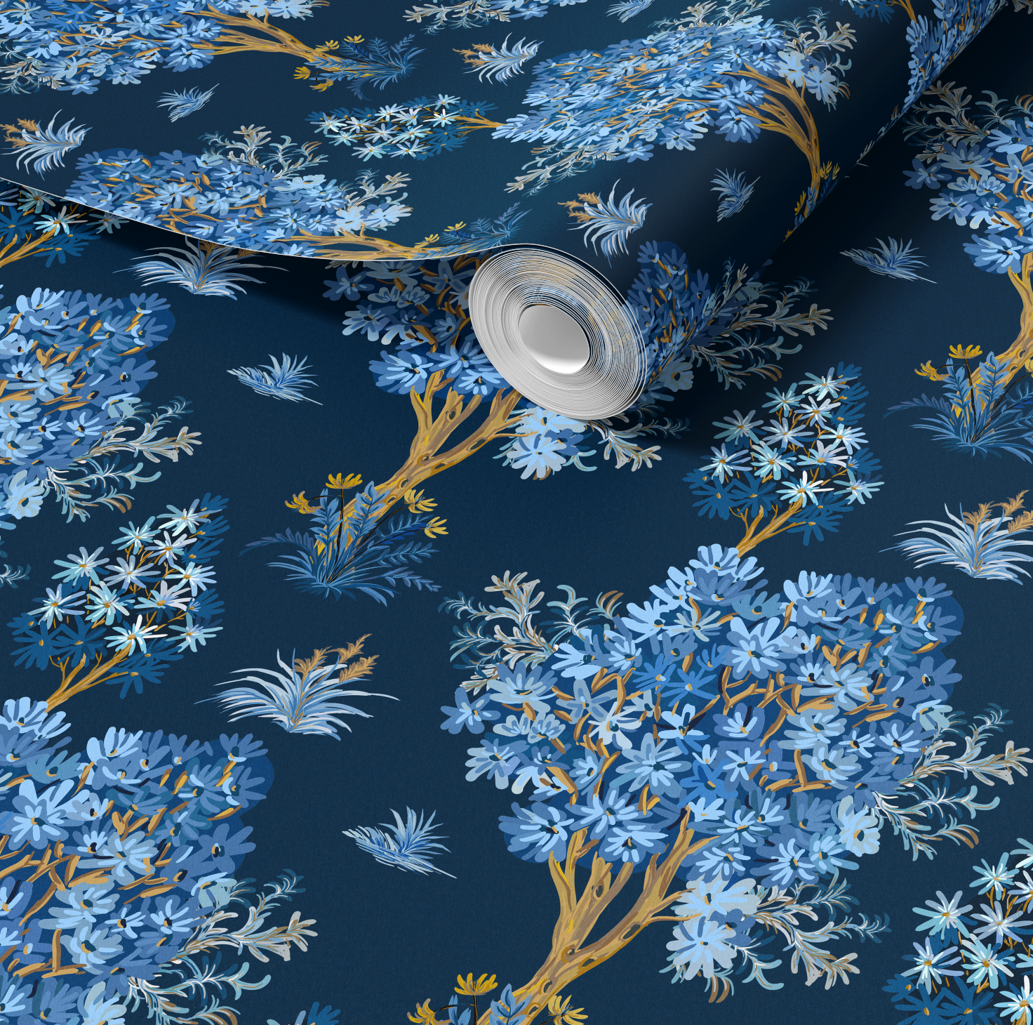 Ornamental Blue Trees in Navy, Vintage Floral Wallpaper, Moody Botanical - Wallpaper