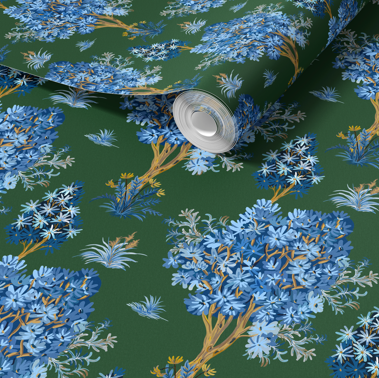 Ornamental Blue Trees in Green, Vintage Floral Wallpaper, Moody Botanical - Wallpaper