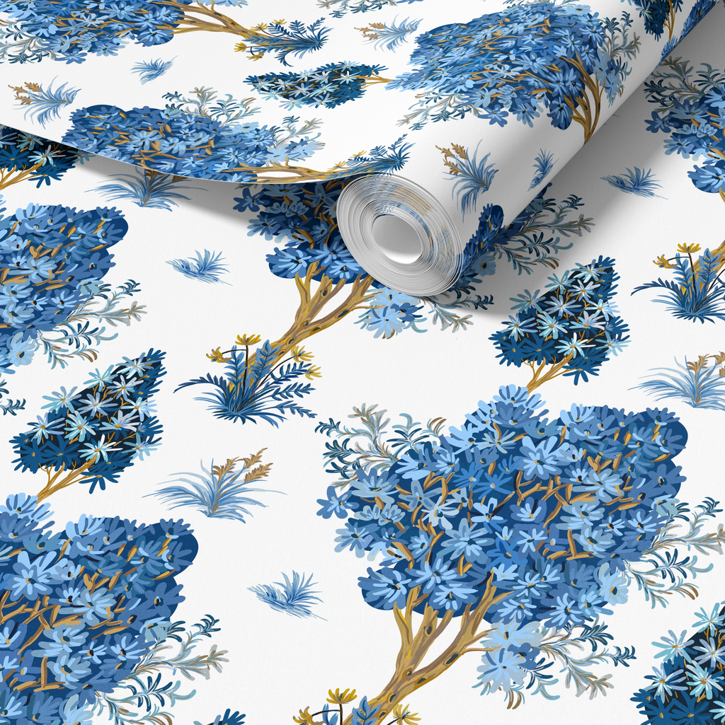 Ornamental Blue Trees in White, Chinoiserie Floral Trees - Wallpaper