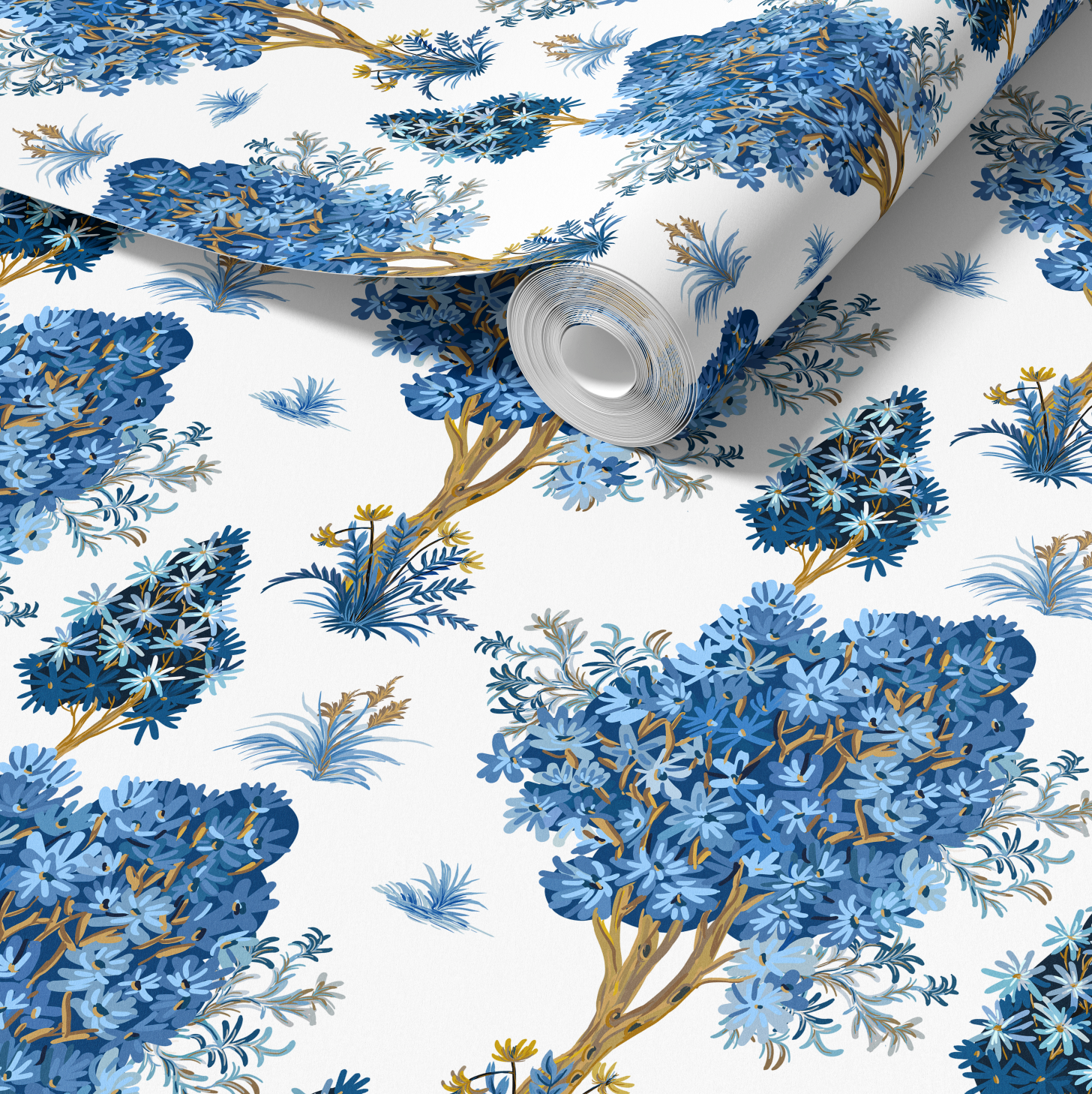 Ornamental Blue Trees in White, Chinoiserie Floral Trees - Wallpaper