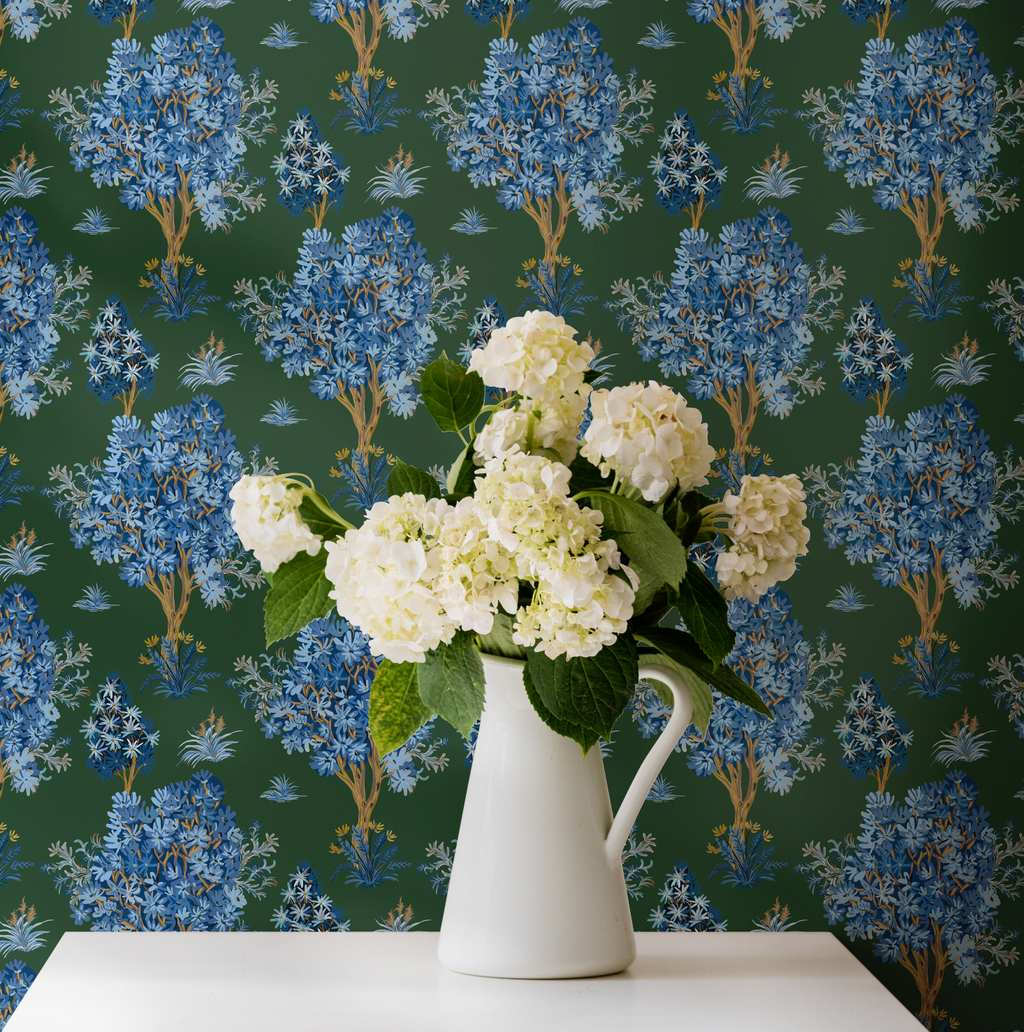 Ornamental Blue Trees in Green, Vintage Floral Wallpaper, Moody Botanical - Wallpaper