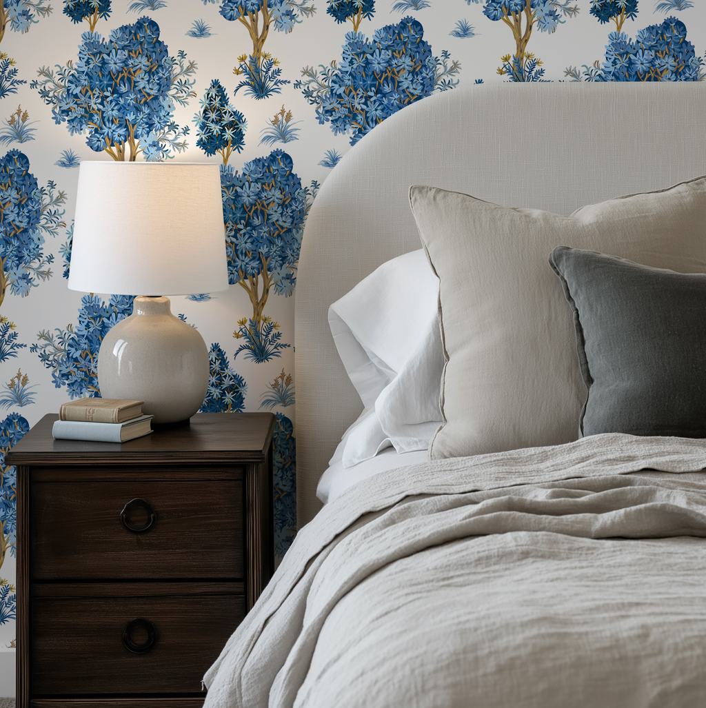 Ornamental Blue Trees in White, Chinoiserie Floral Trees - Wallpaper