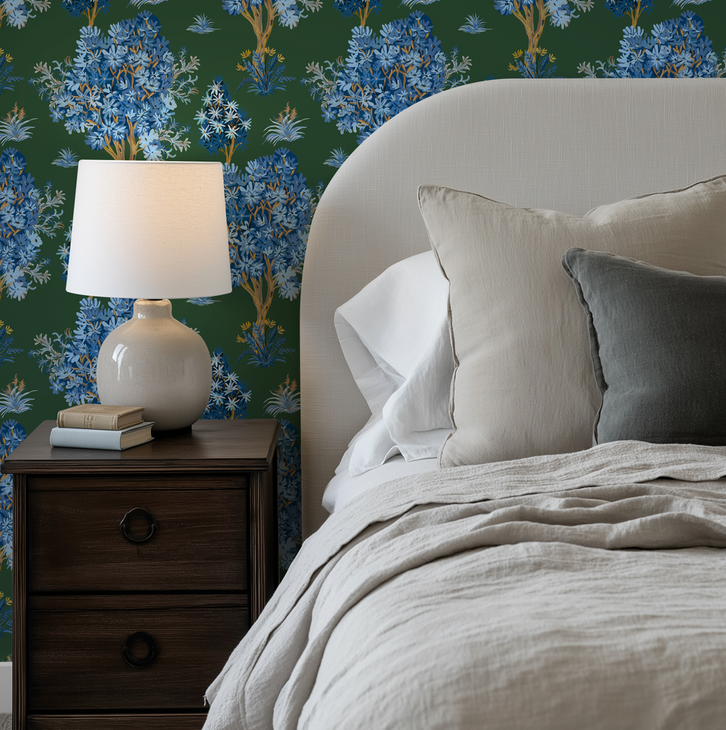 Ornamental Blue Trees in Green, Vintage Floral Wallpaper, Moody Botanical - Wallpaper
