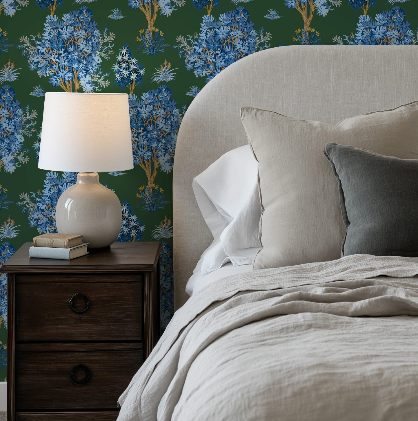 Ornamental Blue Trees in Green, Vintage Floral Wallpaper, Moody Botanical - Wallpaper