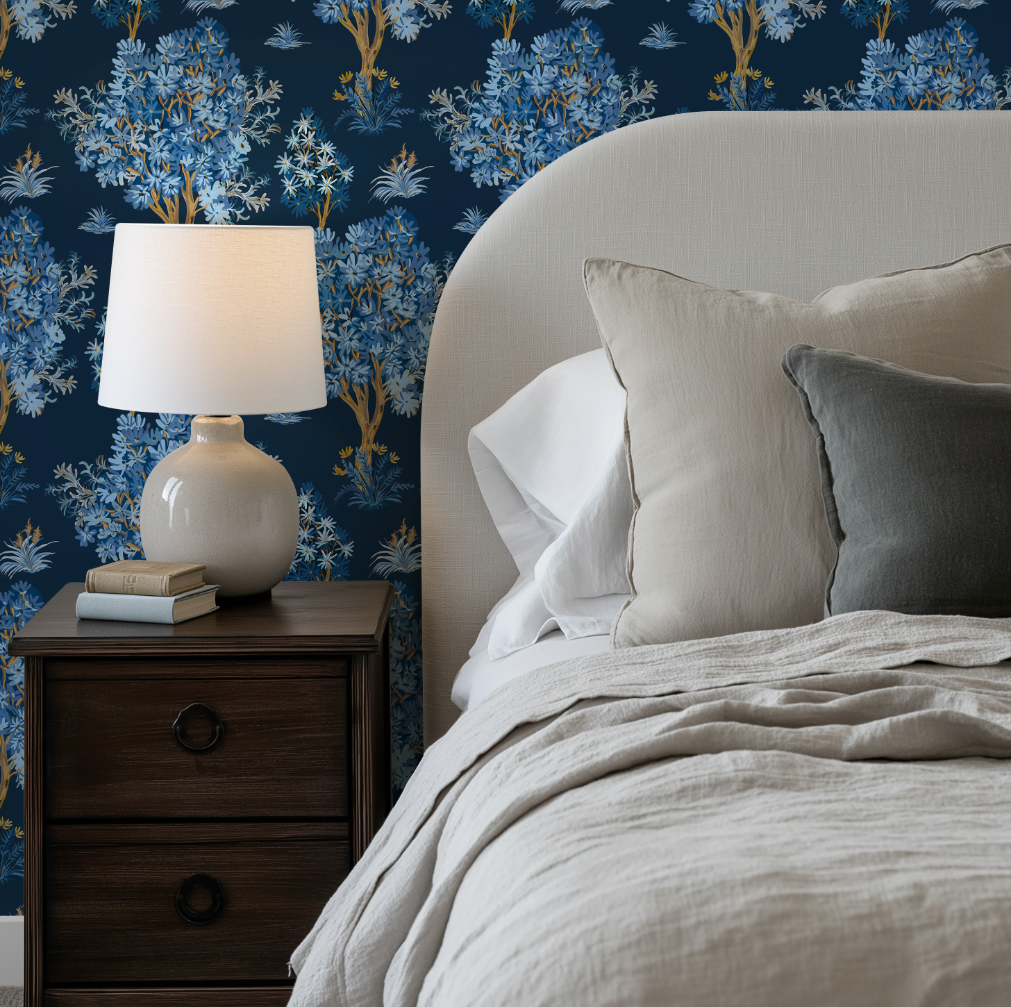 Ornamental Blue Trees in Navy, Vintage Floral Wallpaper, Moody Botanical - Wallpaper