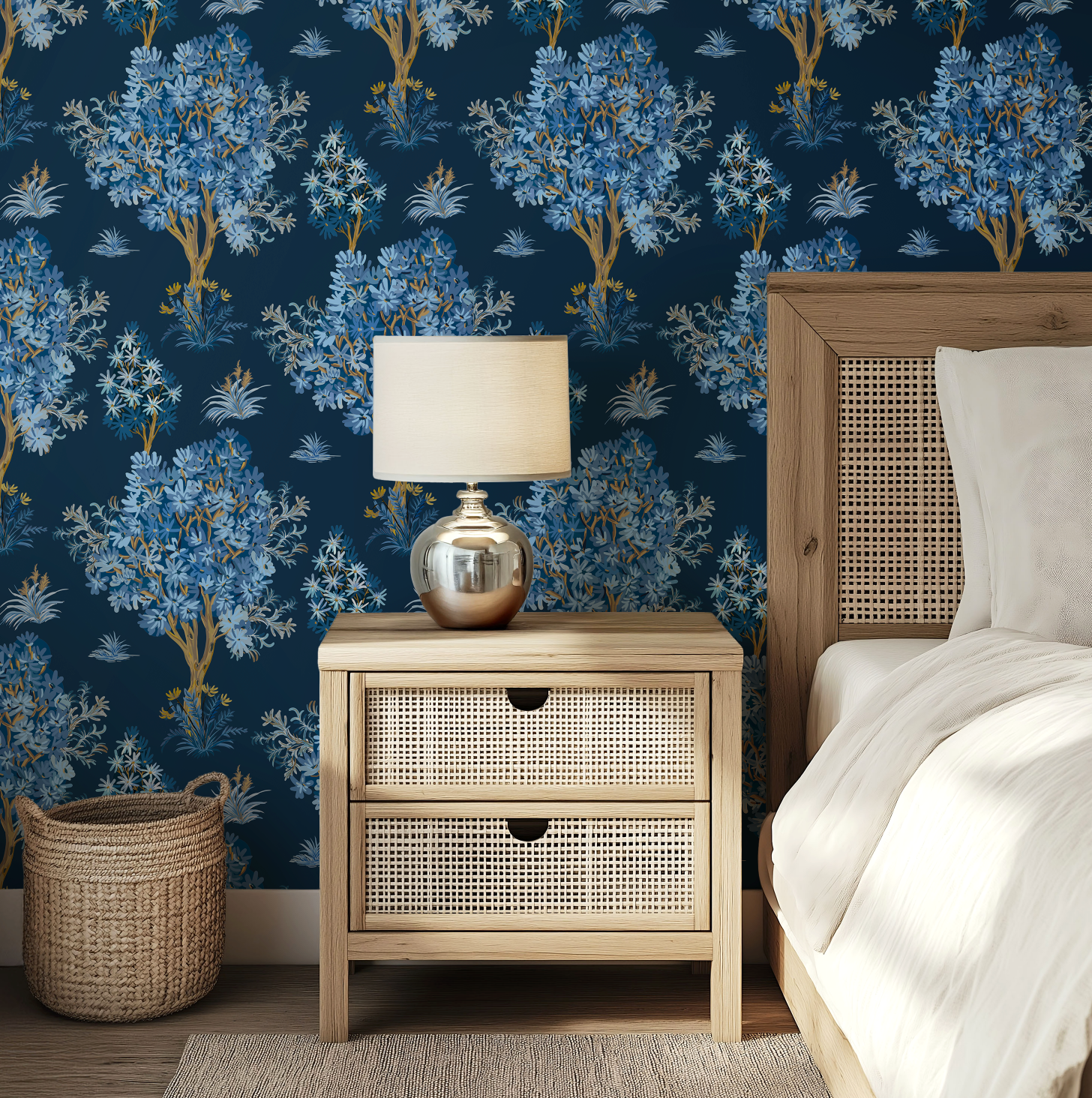 Ornamental Blue Trees in Navy, Vintage Floral Wallpaper, Moody Botanical - Wallpaper