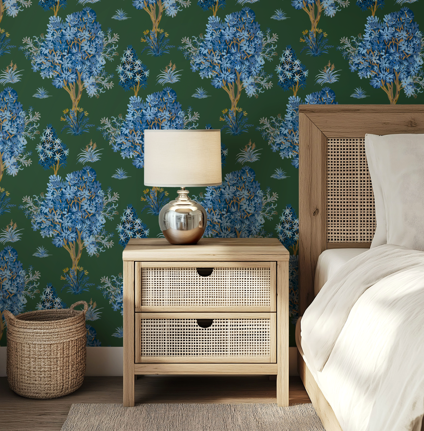 Ornamental Blue Trees in Green, Vintage Floral Wallpaper, Moody Botanical - Wallpaper
