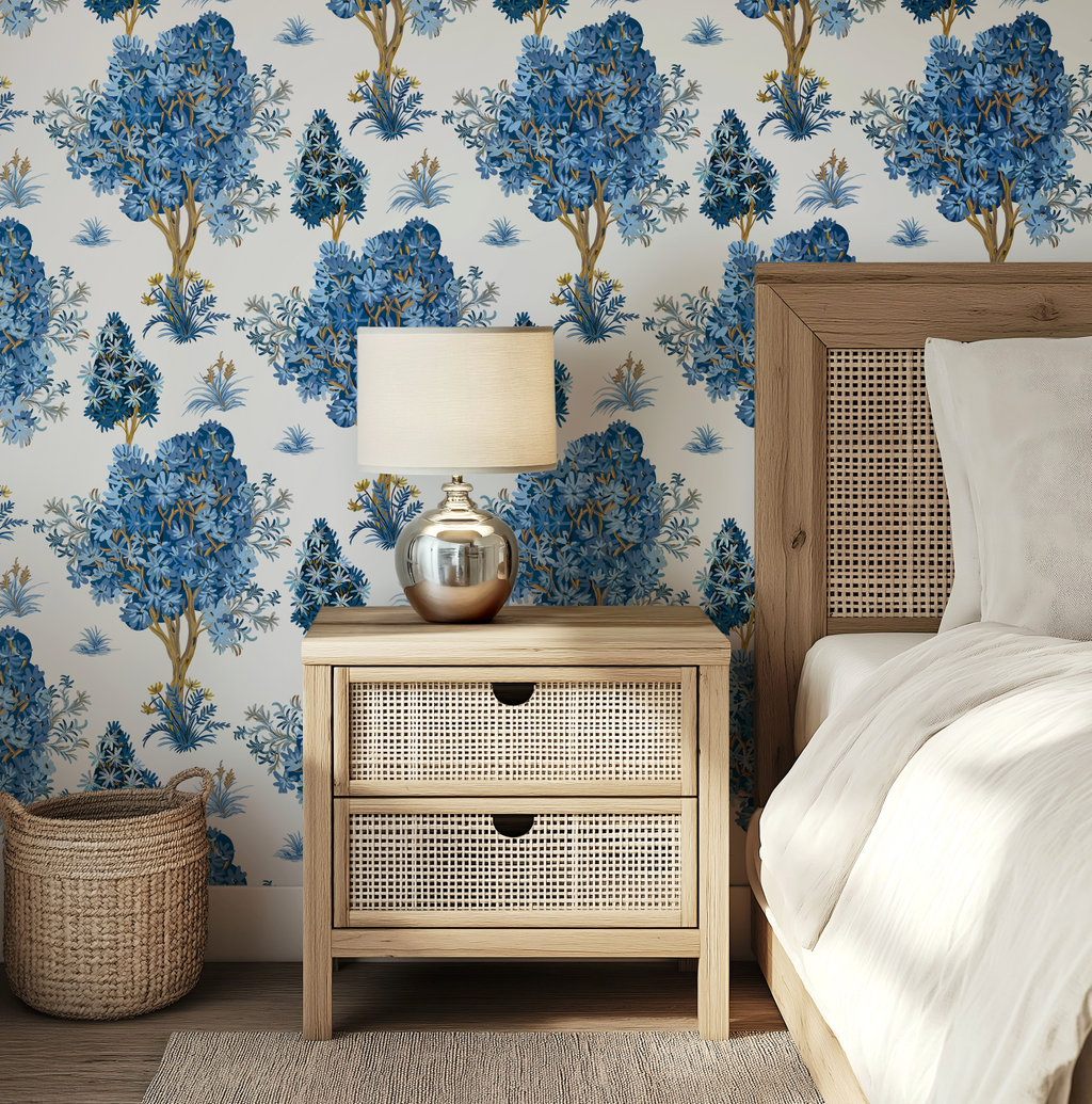 Ornamental Blue Trees in White, Chinoiserie Floral Trees - Wallpaper