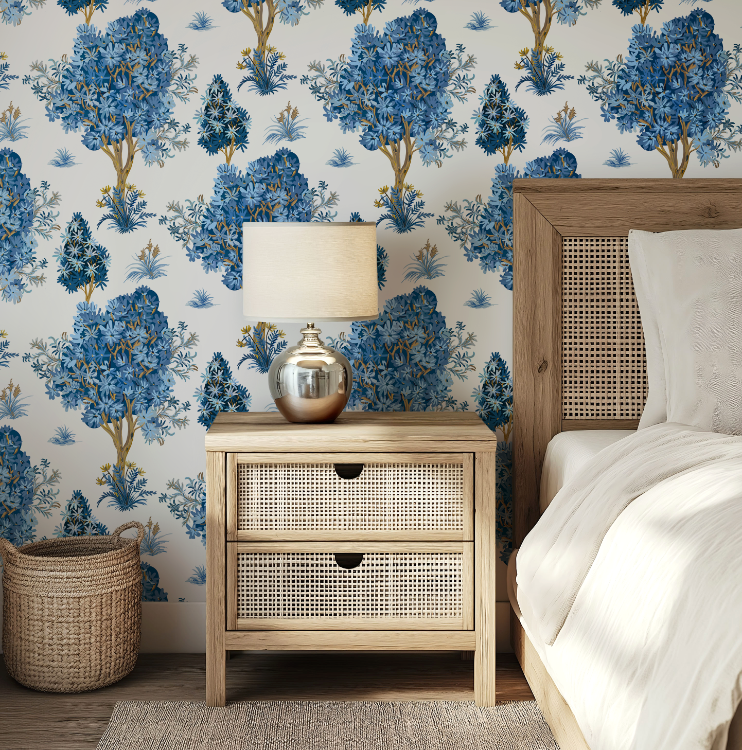 Ornamental Blue Trees in White, Chinoiserie Floral Trees - Wallpaper