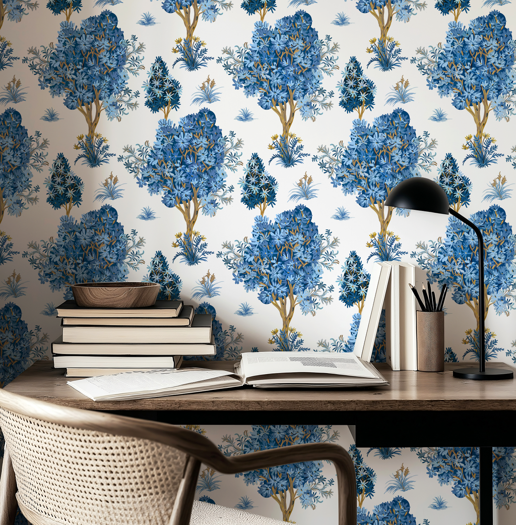 Ornamental Blue Trees in White, Chinoiserie Floral Trees - Wallpaper