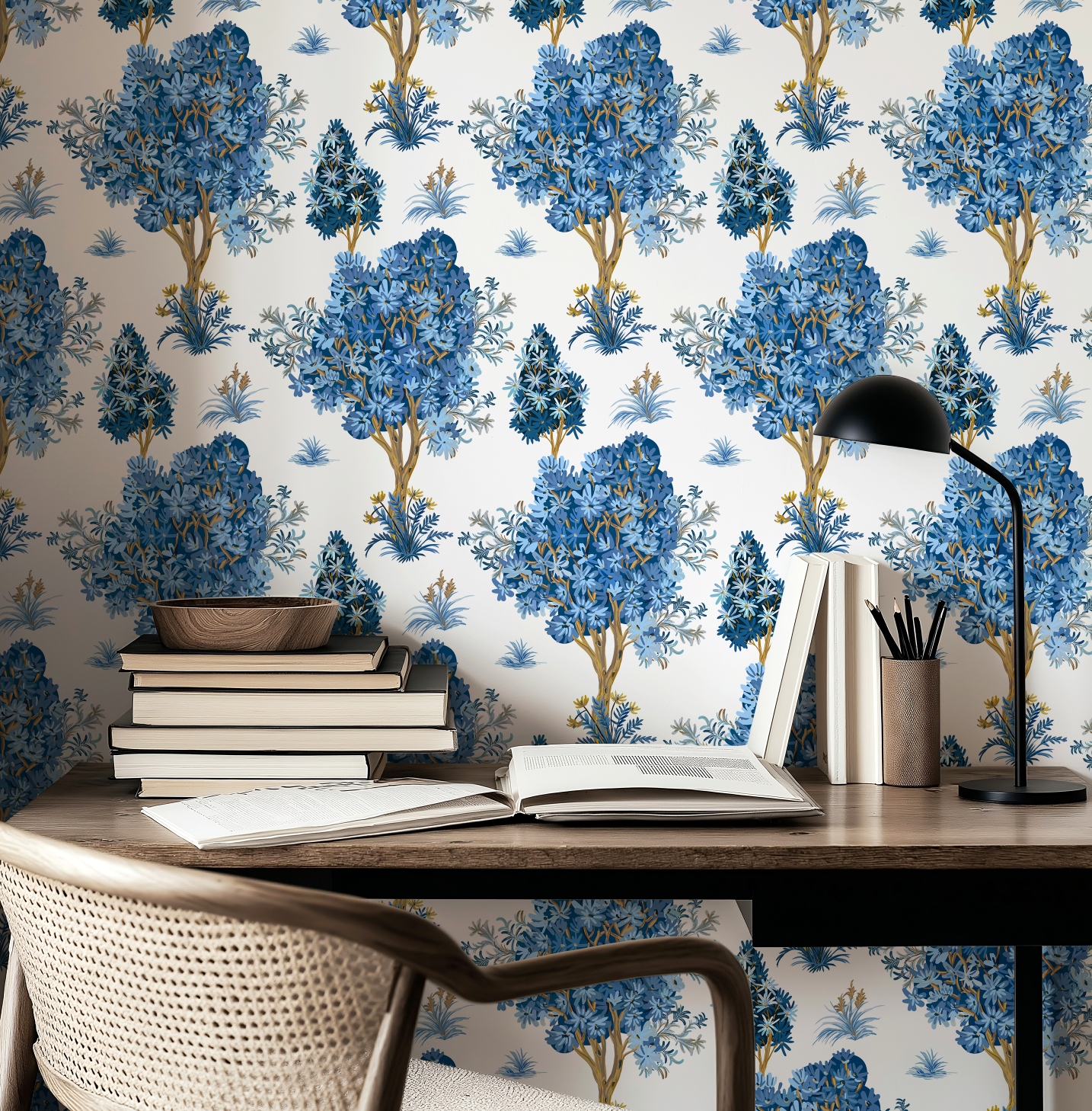 Ornamental Blue Trees in White, Chinoiserie Floral Trees - Wallpaper