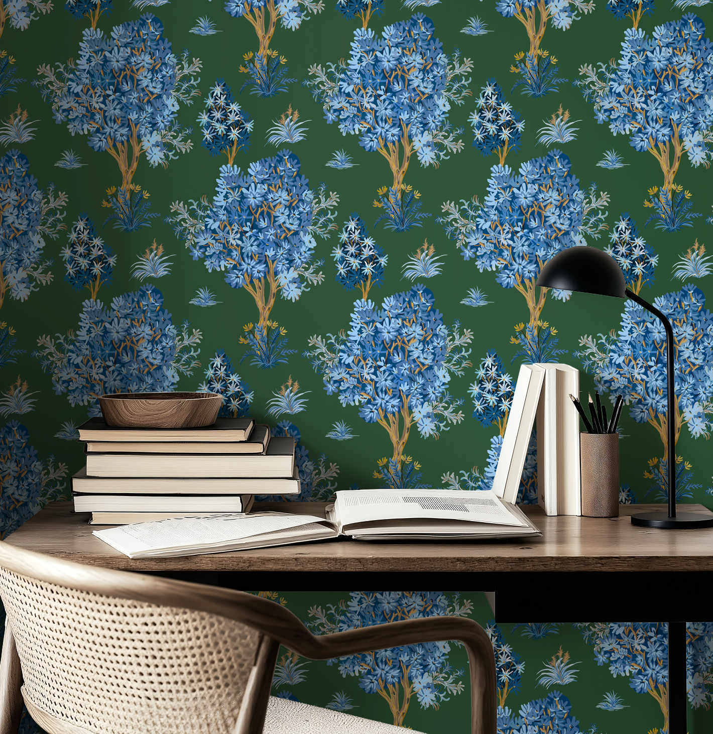 Ornamental Blue Trees in Green, Vintage Floral Wallpaper, Moody Botanical - Wallpaper