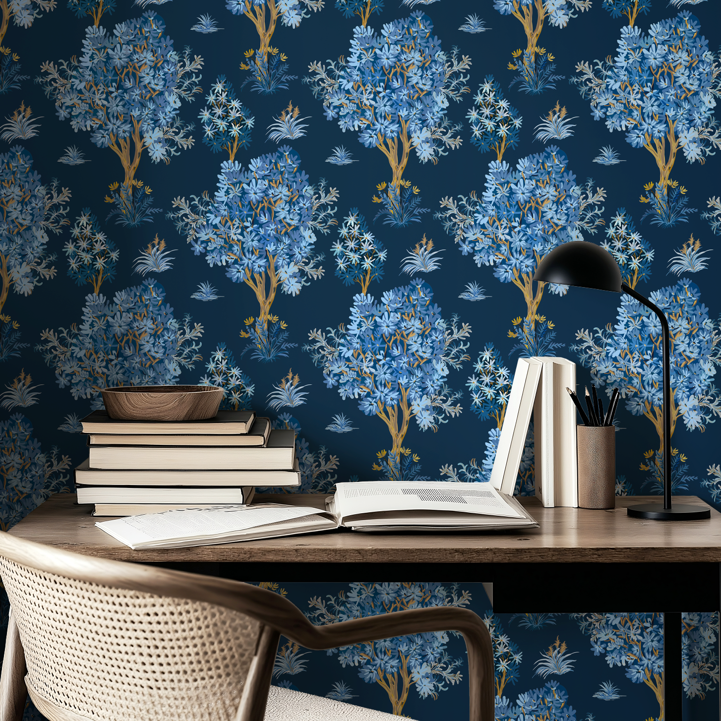 Ornamental Blue Trees in Navy, Vintage Floral Wallpaper, Moody Botanical - Wallpaper