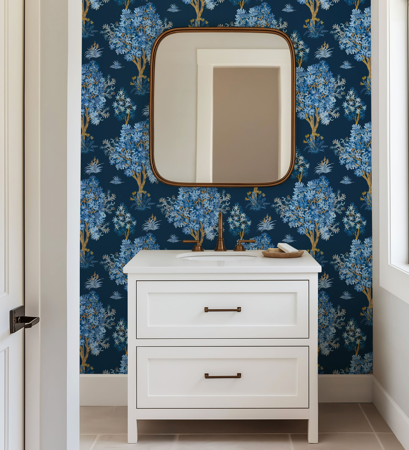 Ornamental Blue Trees in Navy, Vintage Floral Wallpaper, Moody Botanical - Wallpaper