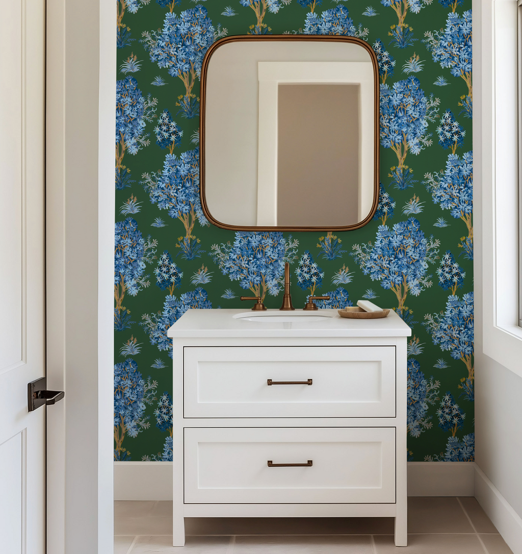 Ornamental Blue Trees in Green, Vintage Floral Wallpaper, Moody Botanical - Wallpaper