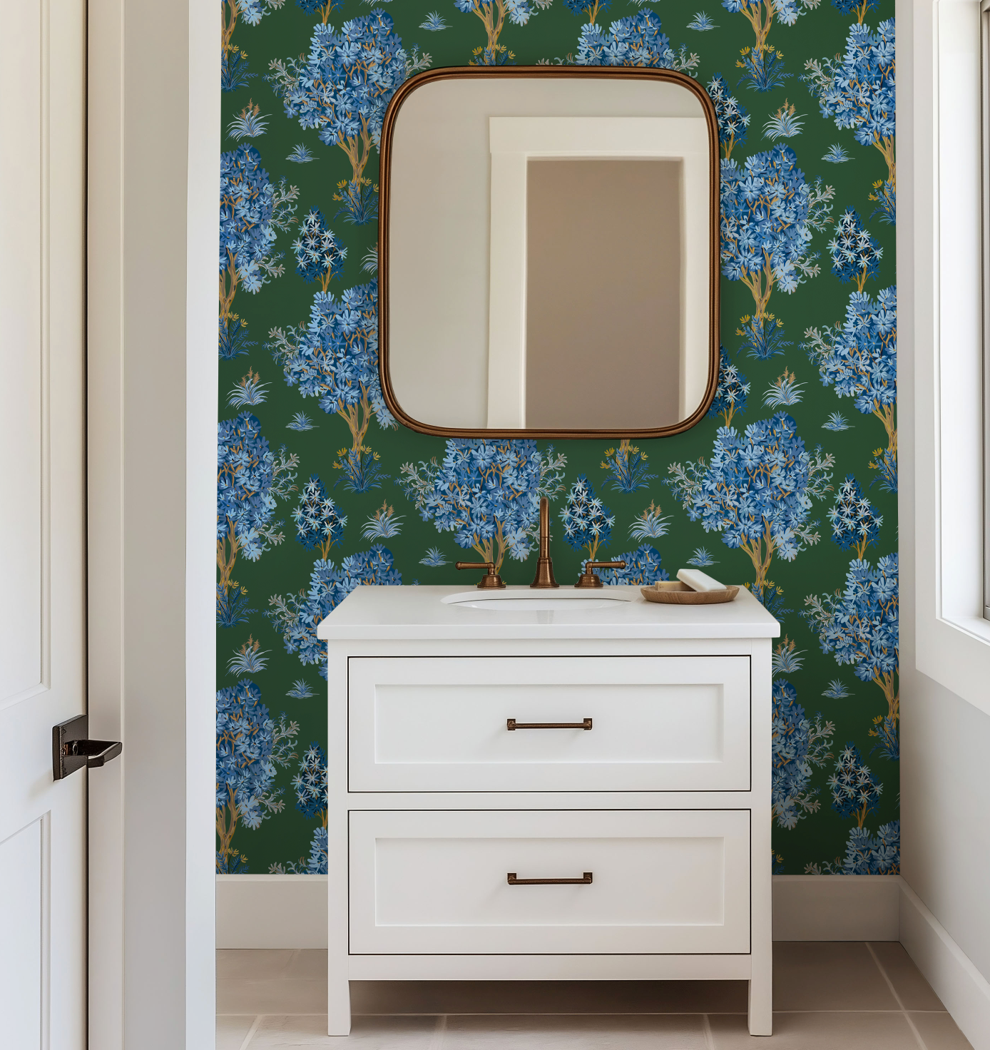 Ornamental Blue Trees in Green, Vintage Floral Wallpaper, Moody Botanical - Wallpaper