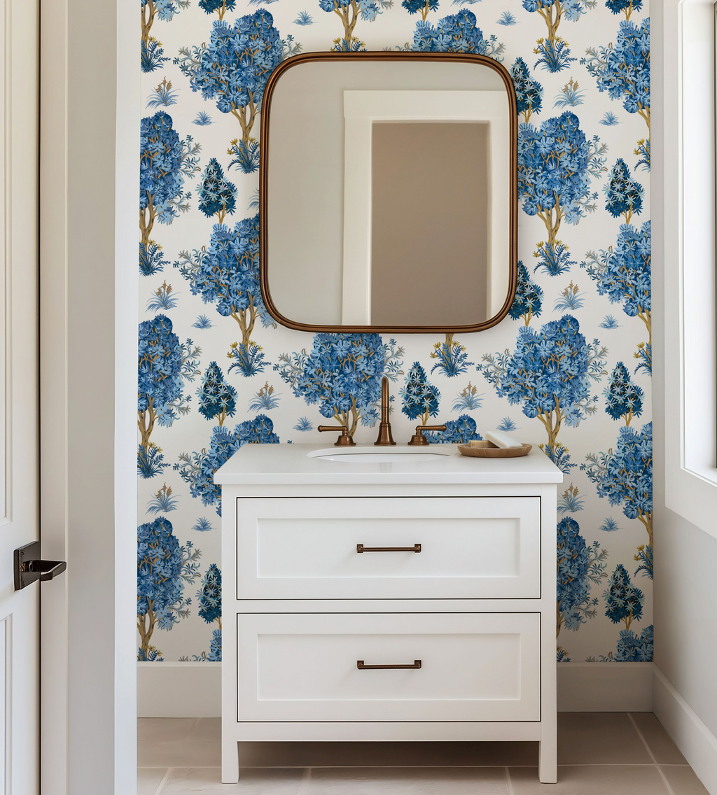 Ornamental Blue Trees in White, Chinoiserie Floral Trees - Wallpaper