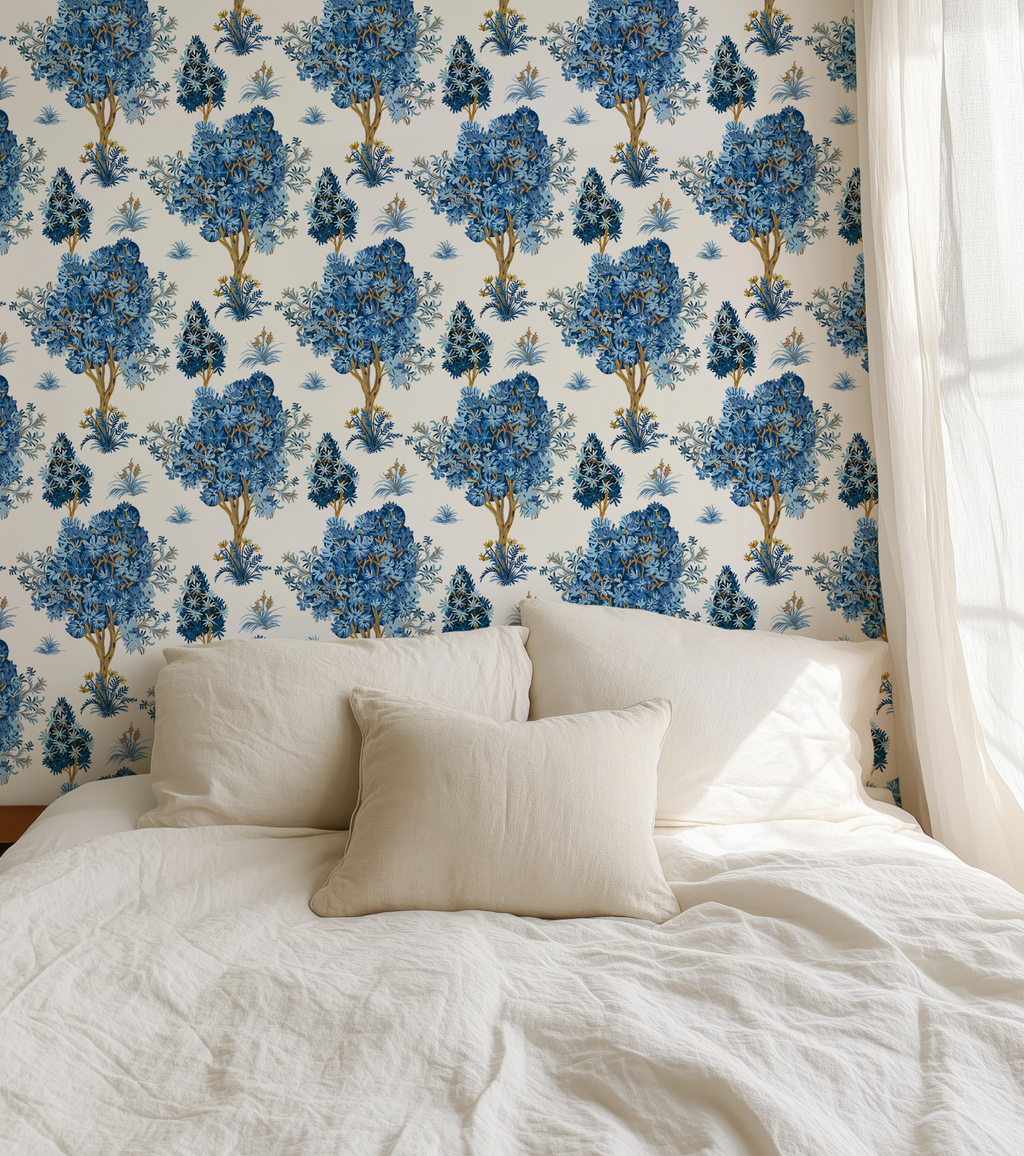 Ornamental Blue Trees in White, Chinoiserie Floral Trees - Wallpaper