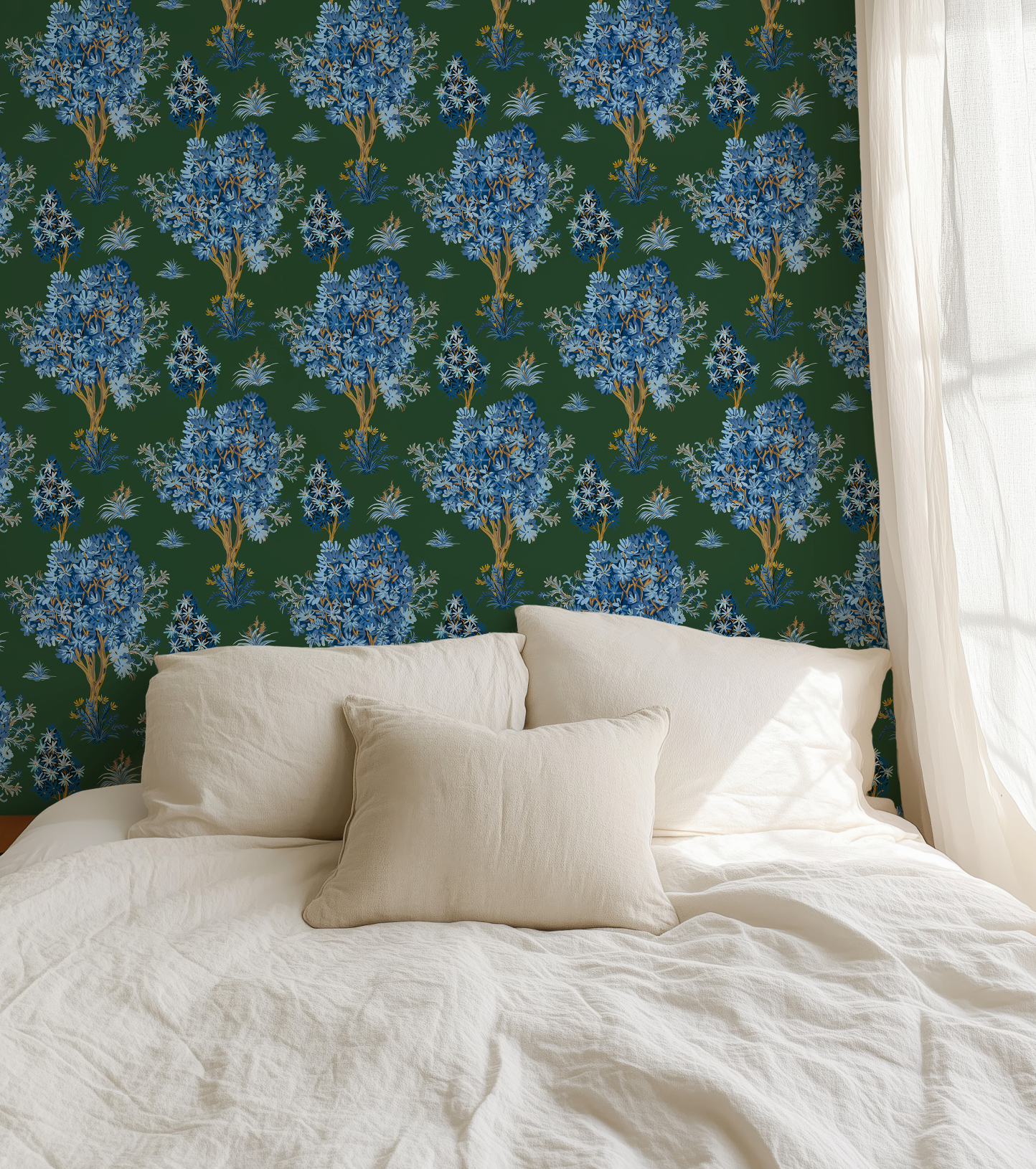 Ornamental Blue Trees in Green, Vintage Floral Wallpaper, Moody Botanical - Wallpaper