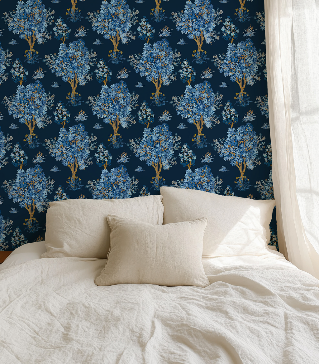 Ornamental Blue Trees in Navy, Vintage Floral Wallpaper, Moody Botanical - Wallpaper