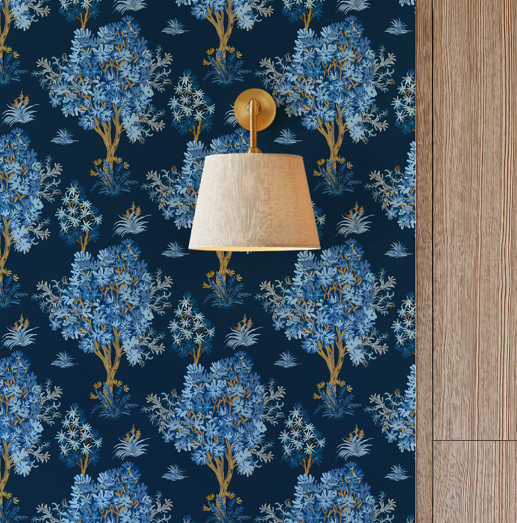 Ornamental Blue Trees in Navy, Vintage Floral Wallpaper, Moody Botanical - Wallpaper