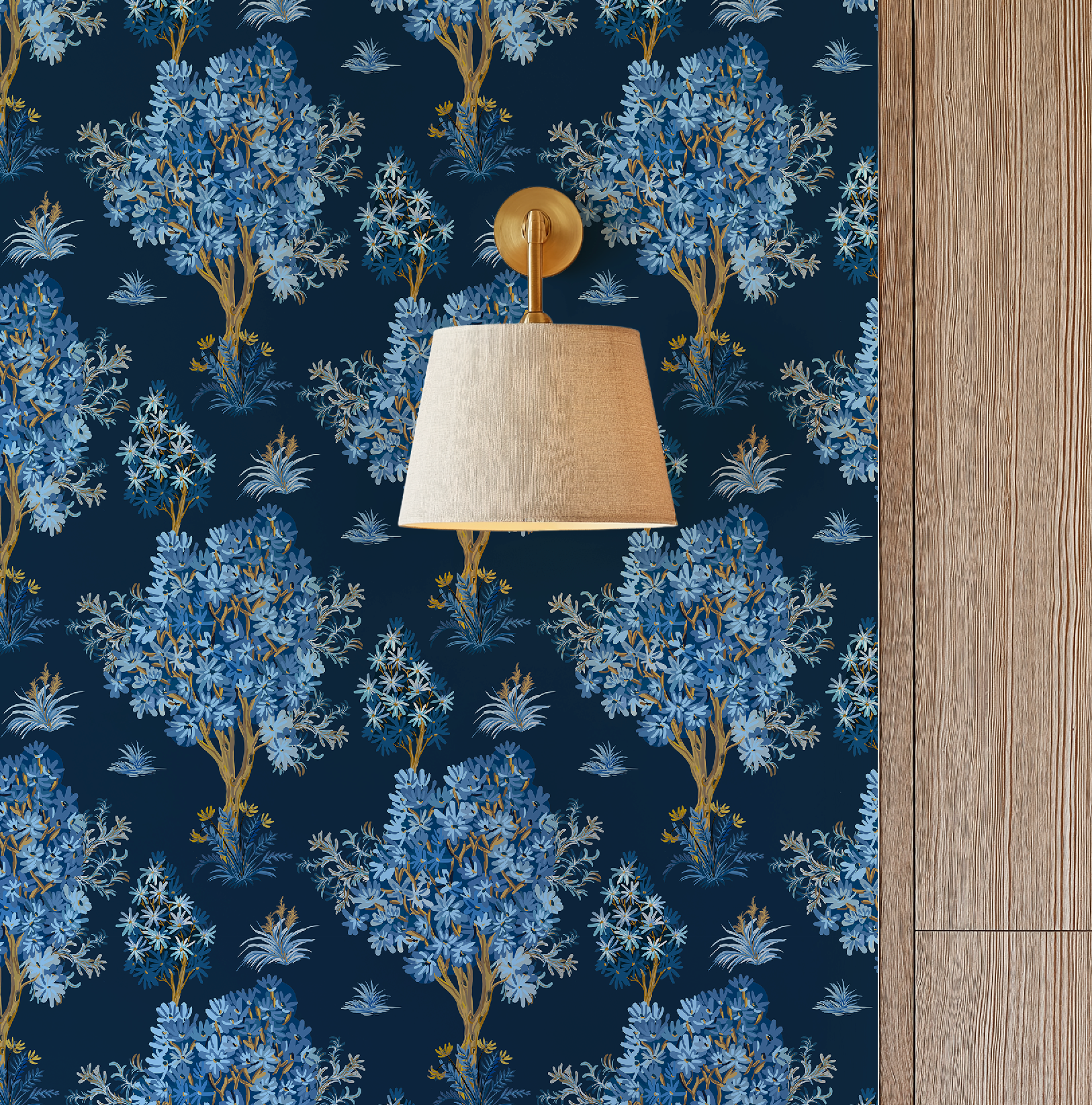 Ornamental Blue Trees in Navy, Vintage Floral Wallpaper, Moody Botanical - Wallpaper
