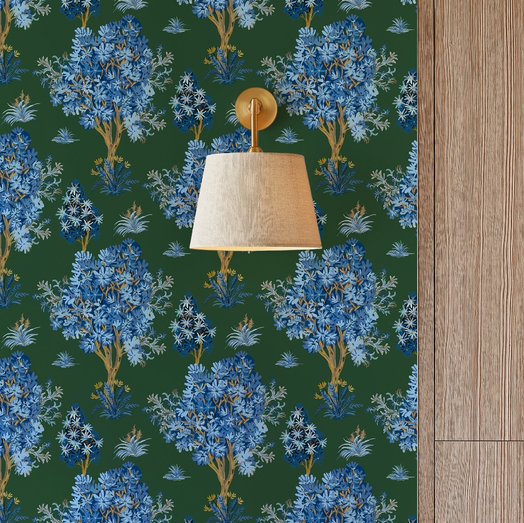 Ornamental Blue Trees in Green, Vintage Floral Wallpaper, Moody Botanical - Wallpaper