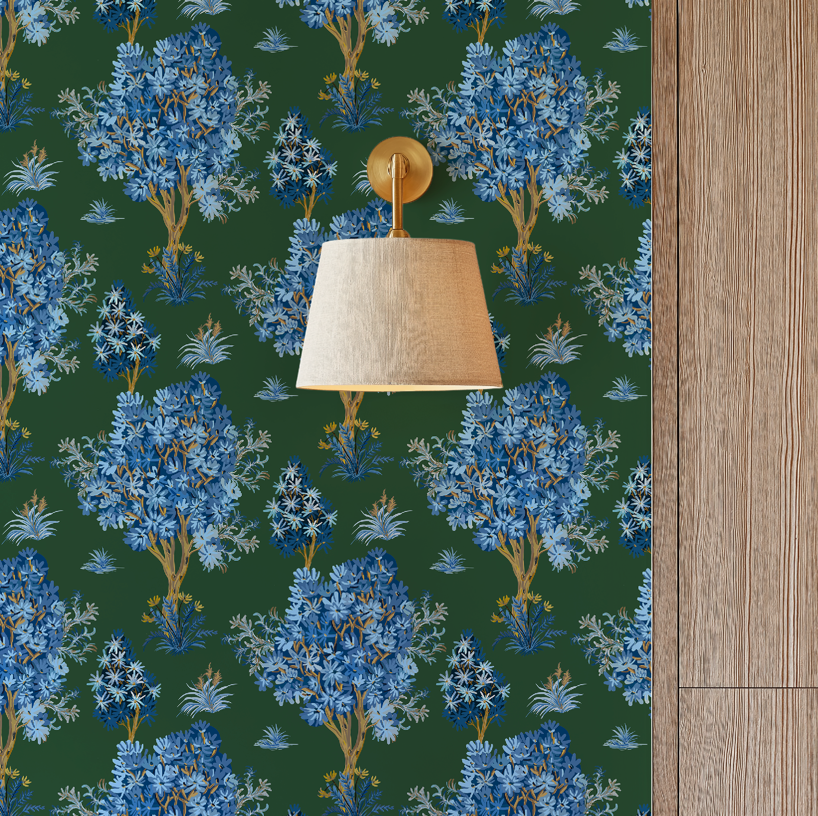 Ornamental Blue Trees in Green, Vintage Floral Wallpaper, Moody Botanical - Wallpaper