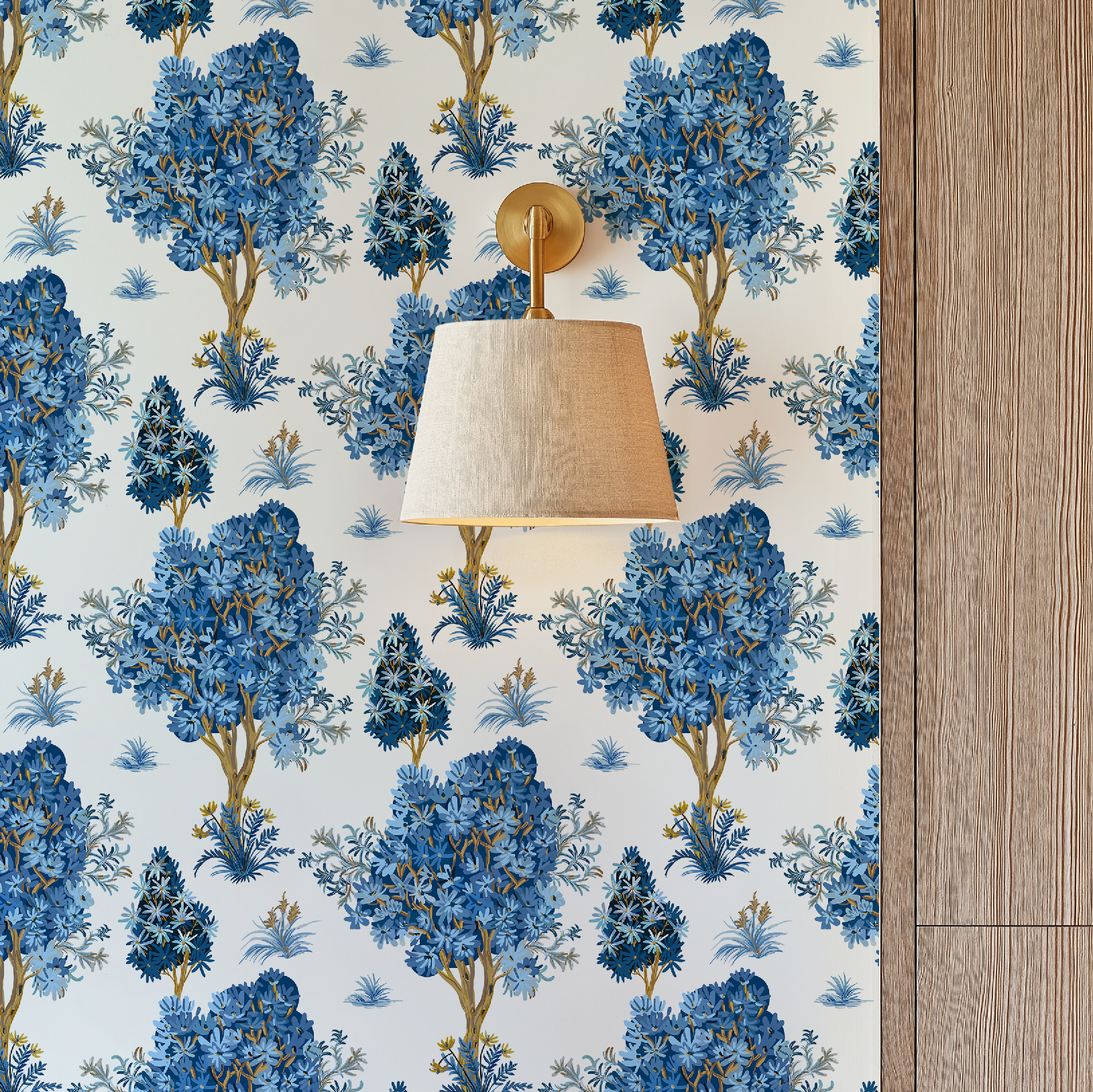 Ornamental Blue Trees in White, Chinoiserie Floral Trees - Wallpaper