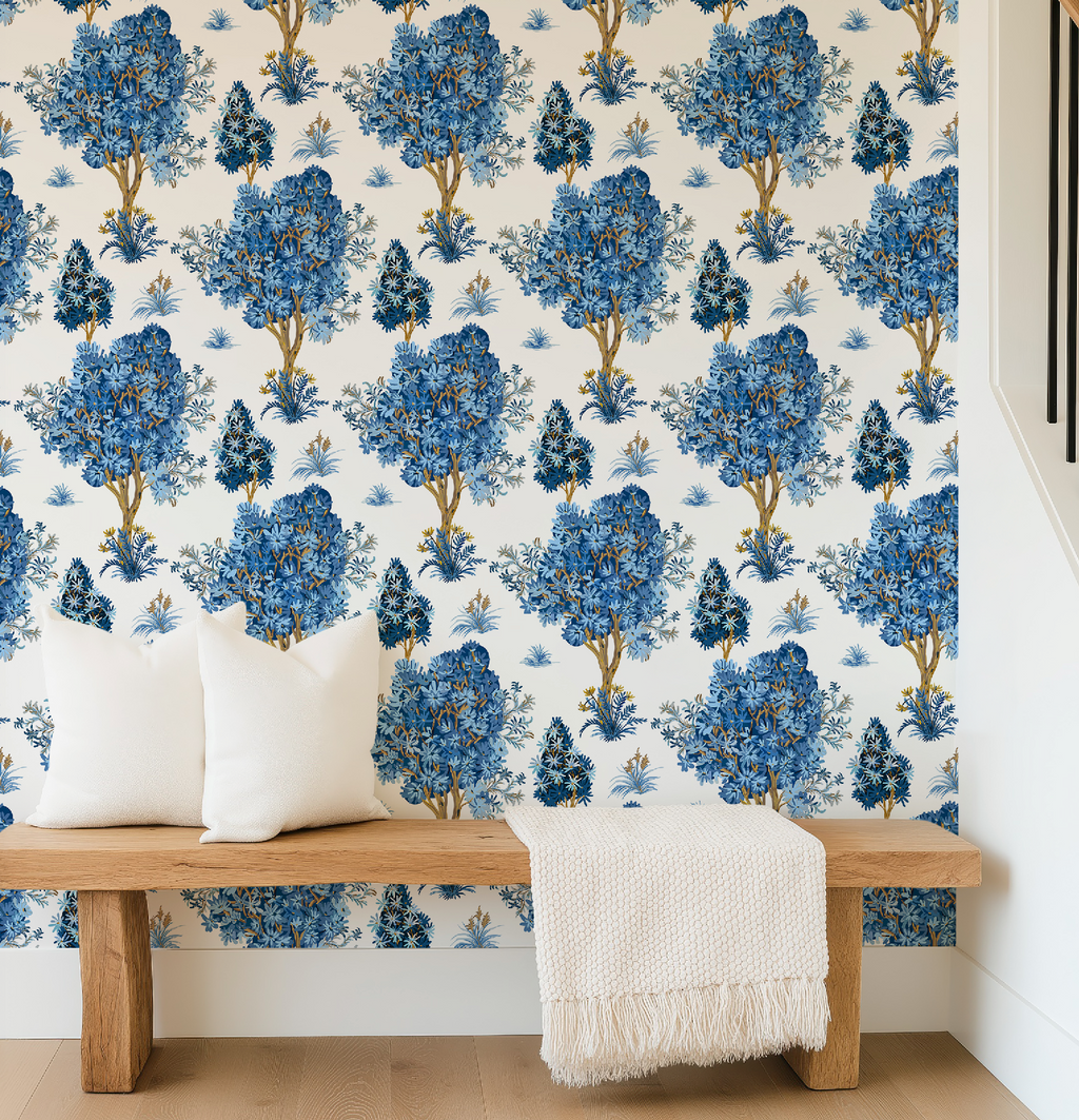 Ornamental Blue Trees in White, Chinoiserie Floral Trees - Wallpaper