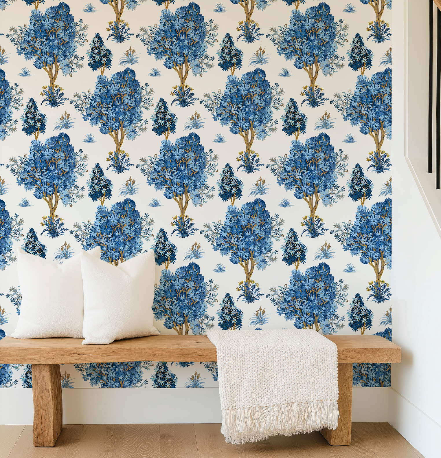 Ornamental Blue Trees in White, Chinoiserie Floral Trees - Wallpaper