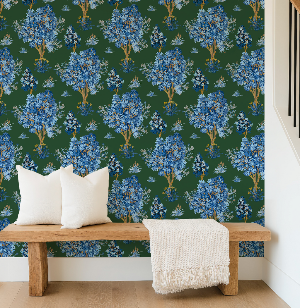 Ornamental Blue Trees in Green, Vintage Floral Wallpaper, Moody Botanical - Wallpaper