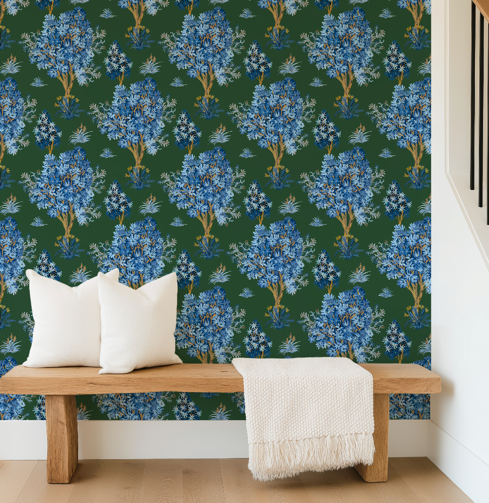 Ornamental Blue Trees in Green, Vintage Floral Wallpaper, Moody Botanical - Wallpaper