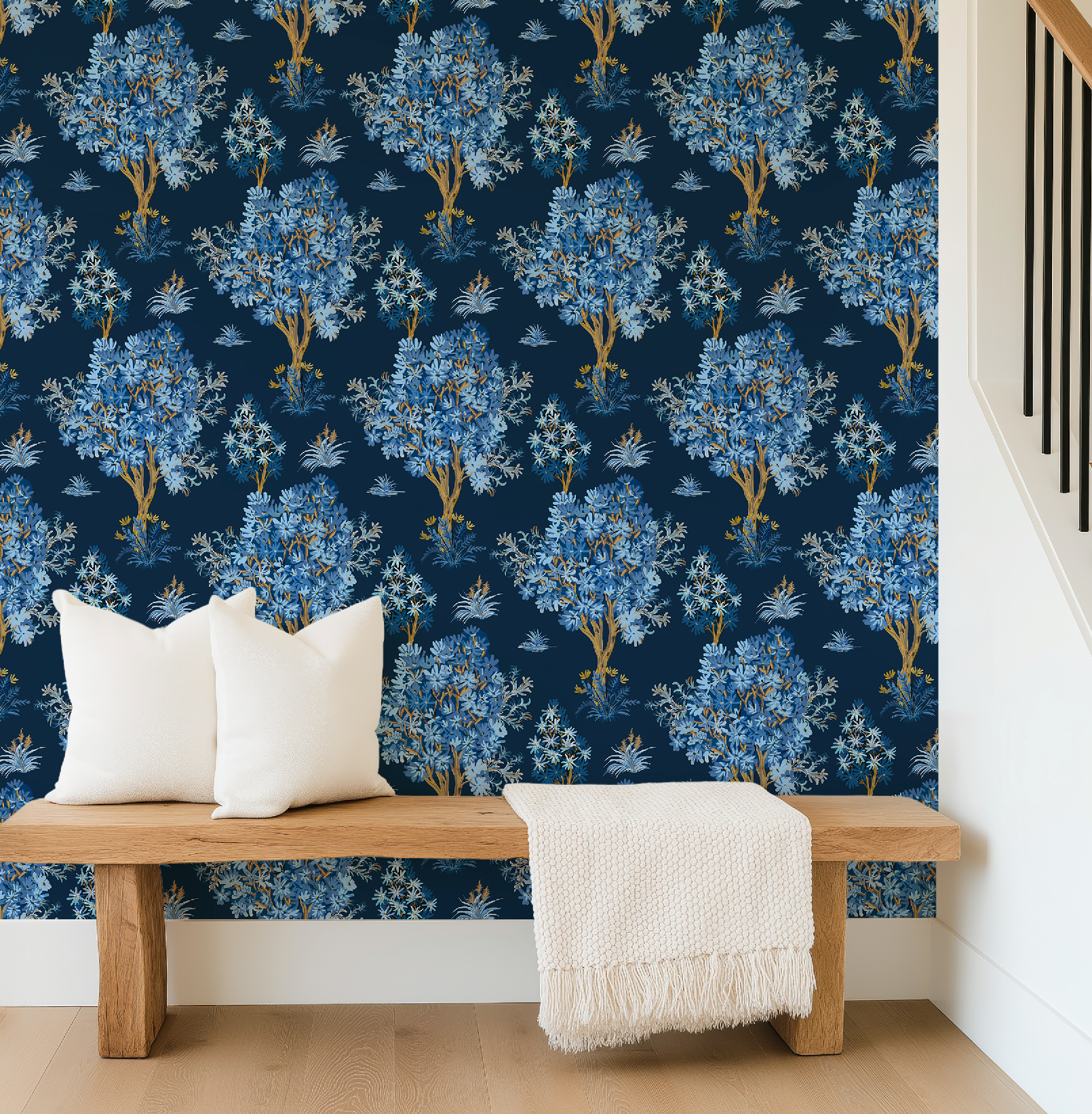 Ornamental Blue Trees in Navy, Vintage Floral Wallpaper, Moody Botanical - Wallpaper