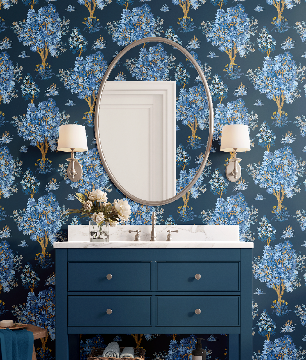 Ornamental Blue Trees in Navy, Vintage Floral Wallpaper, Moody Botanical - Wallpaper