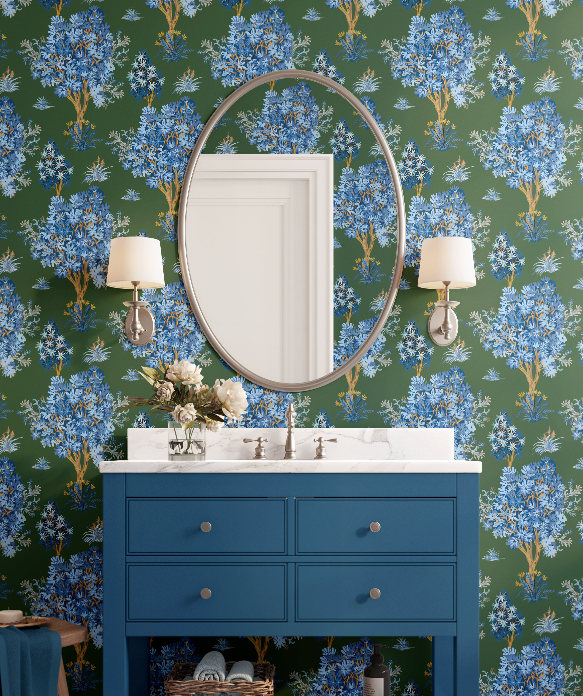 Ornamental Blue Trees in Green, Vintage Floral Wallpaper, Moody Botanical - Wallpaper