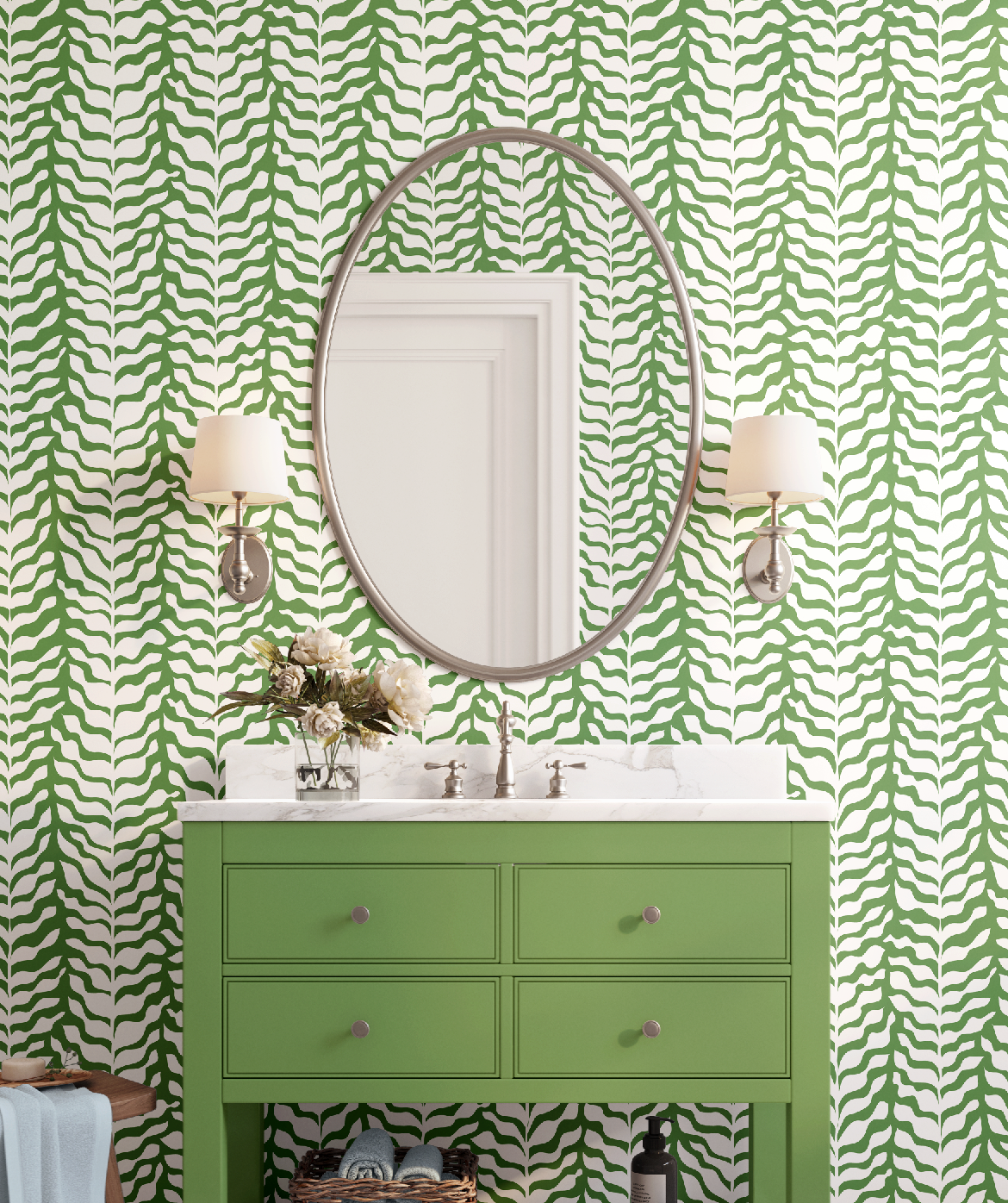 Boho Garden Green & White Botanical Chinoiserie Style - Wallpaper