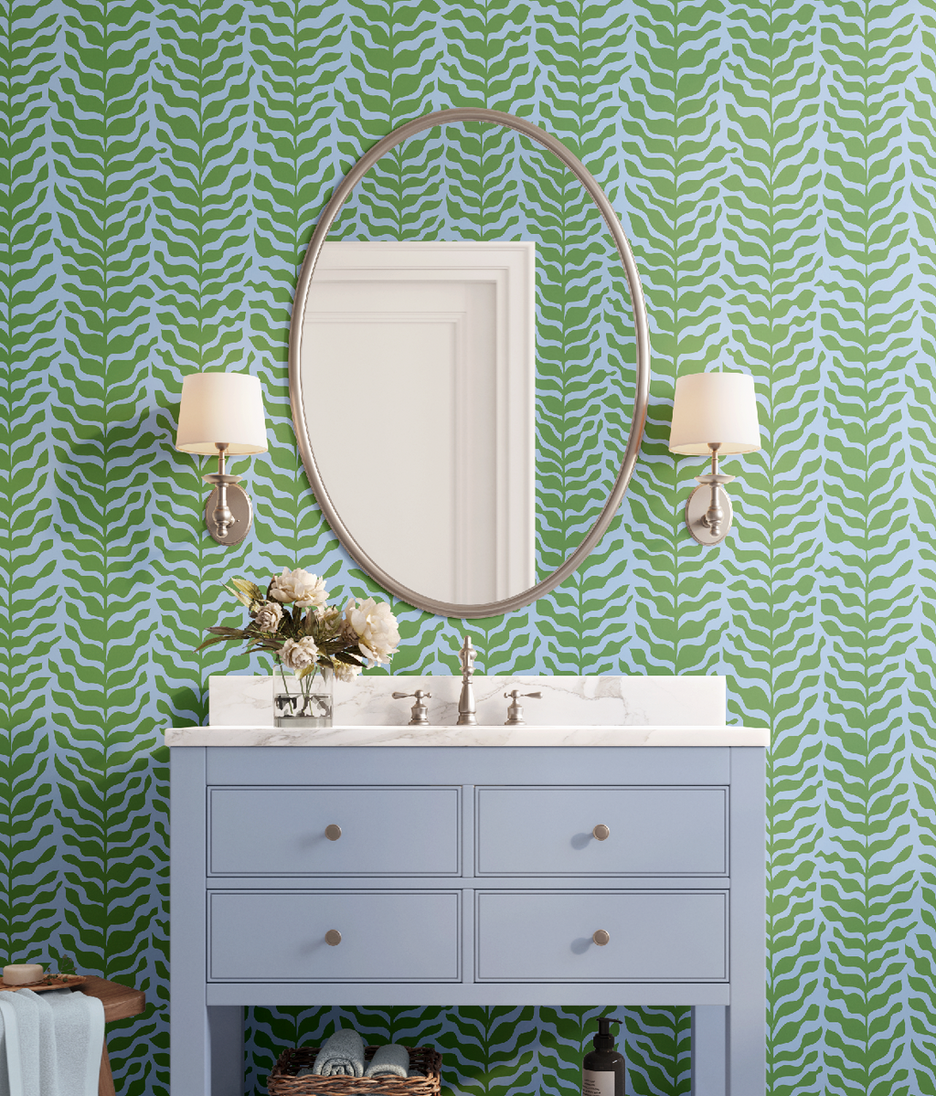 Boho Garden Green & Blue Trellis Botanical Chinoiserie Style - Wallpaper