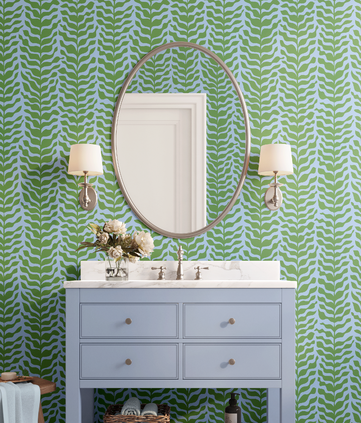 Boho Garden Green & Blue Trellis Botanical Chinoiserie Style - Wallpaper
