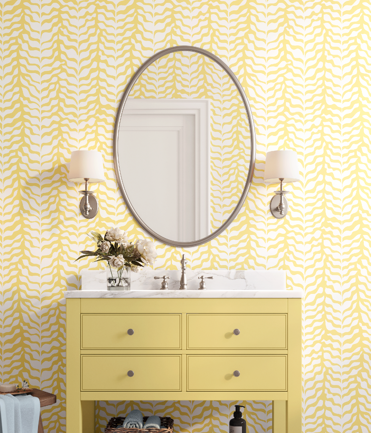 Boho Garden Yellow & White Trellis Botanical Chinoiserie Style - Wallpaper