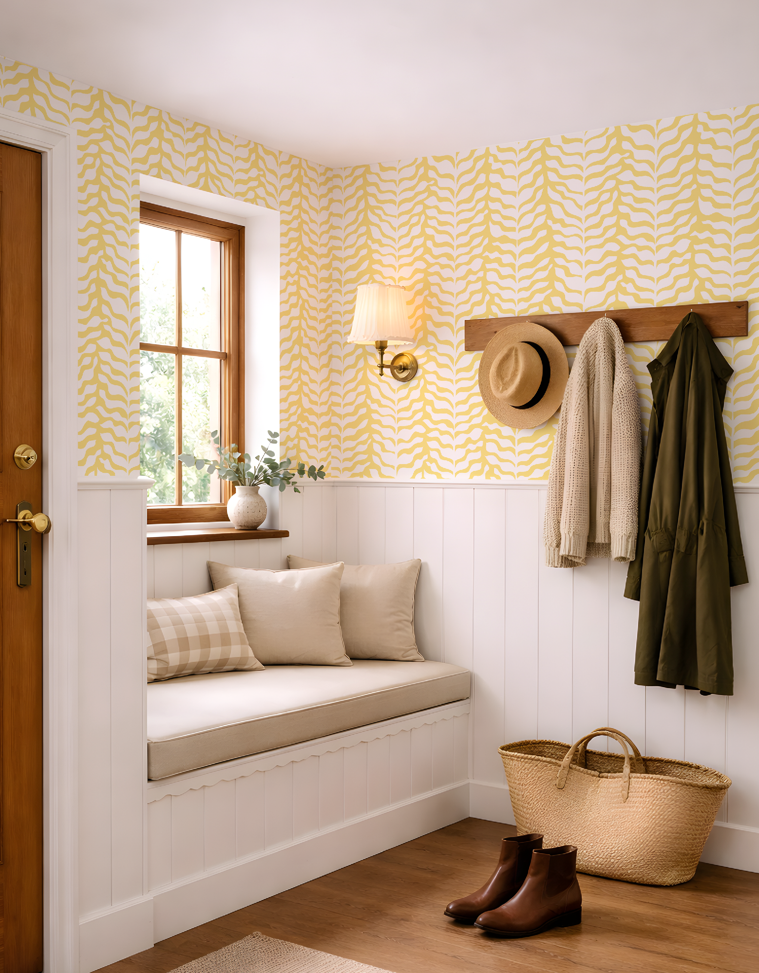 Boho Garden Yellow & White Trellis Botanical Chinoiserie Style - Wallpaper