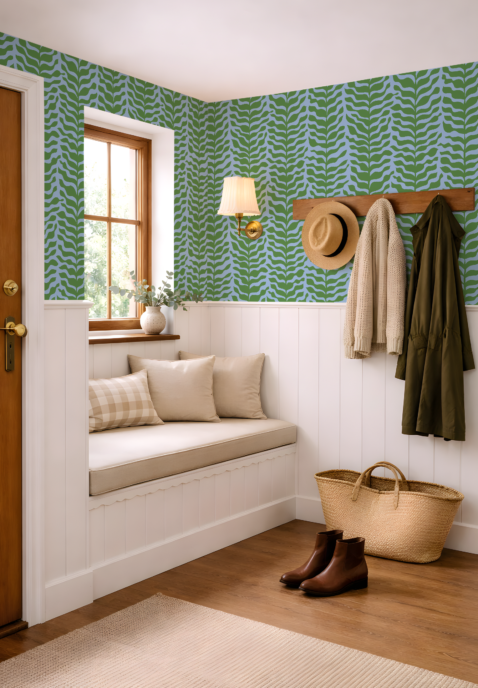 Boho Garden Green & Blue Trellis Botanical Chinoiserie Style - Wallpaper