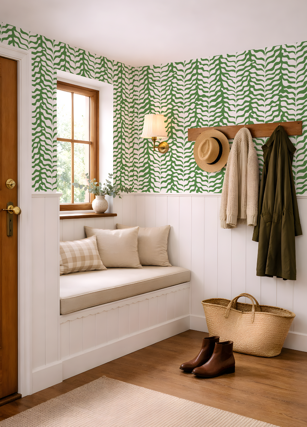 Boho Garden Green & White Botanical Chinoiserie Style - Wallpaper