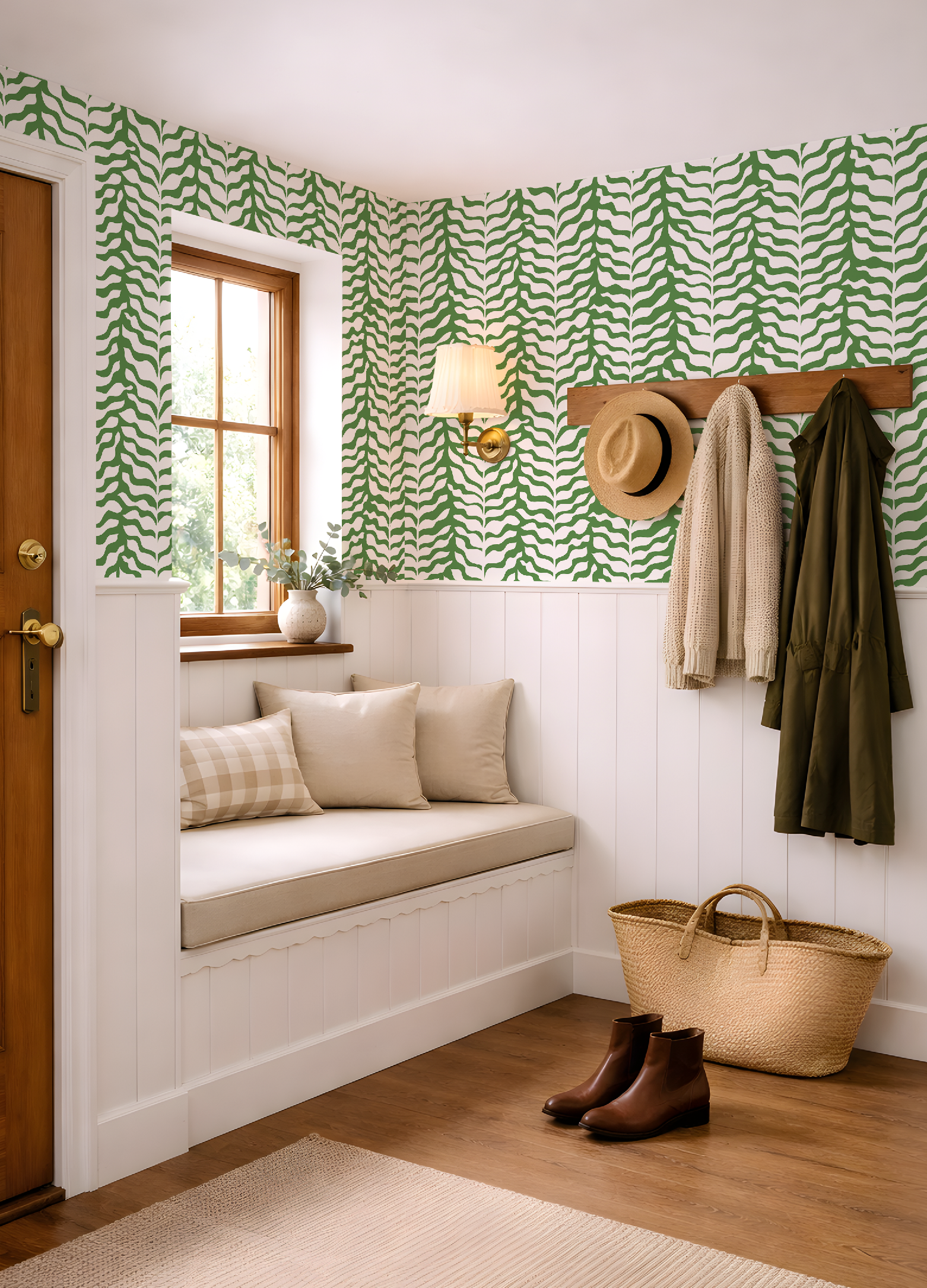 Boho Garden Green & White Botanical Chinoiserie Style - Wallpaper