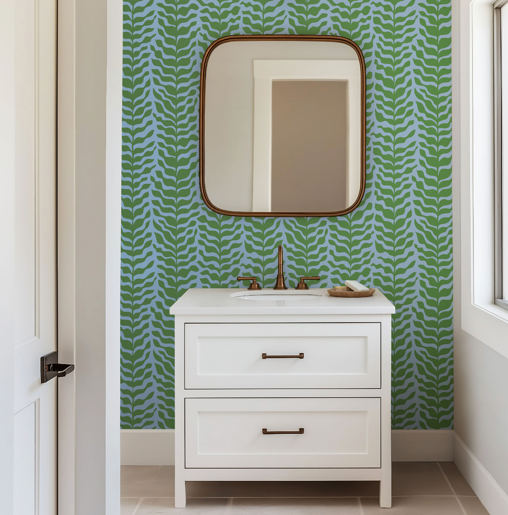 Boho Garden Green & Blue Trellis Botanical Chinoiserie Style - Wallpaper