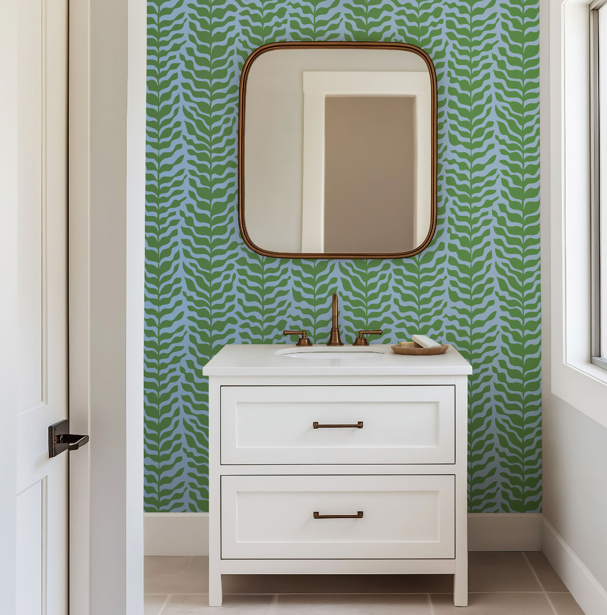 Boho Garden Green & Blue Trellis Botanical Chinoiserie Style - Wallpaper