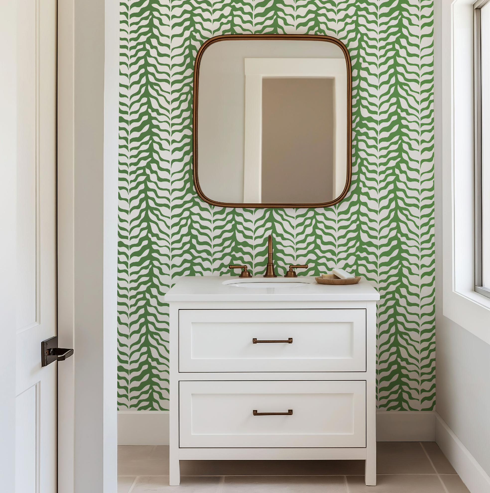 Boho Garden Green & White Botanical Chinoiserie Style - Wallpaper