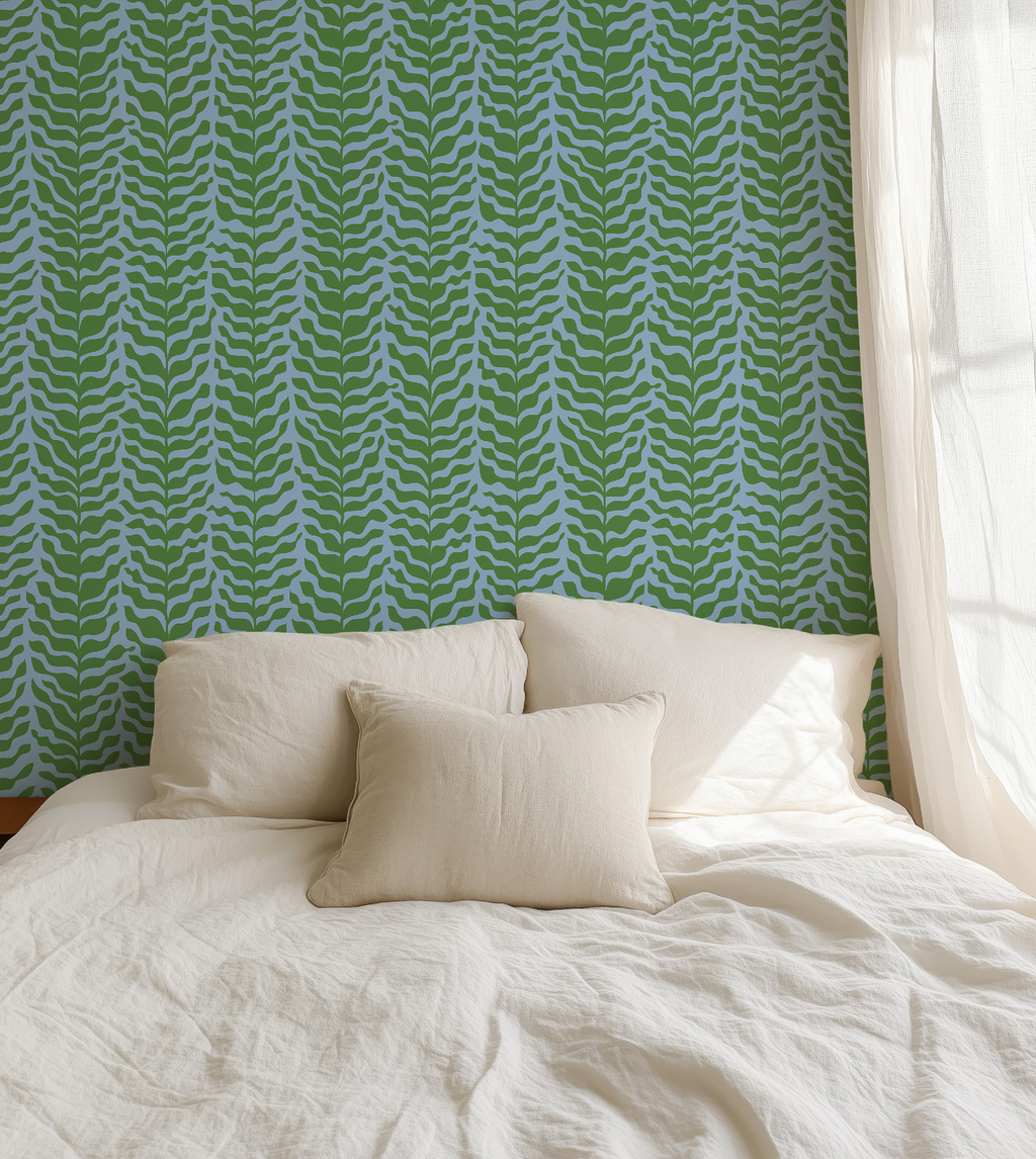 Boho Garden Green & Blue Trellis Botanical Chinoiserie Style - Wallpaper